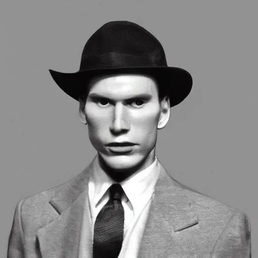 Image similar to A photograph portrait of Jerma985 wearing a suit with and fedora in the 1940s, taken in the early 1940s, grainy, taken on a 940s Kodak Camera, realistic, hyperrealistic, very realistic, highly detailed, very detailed, extremely detailed, detailed, digital art, trending on artstation