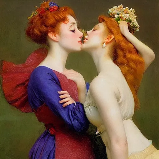 Image similar to Two beautiful women leaning in for a kiss, vertical symmetry, vintage shading, romance, photorealistic, highly detailed, by Ilya Repin and artgerm