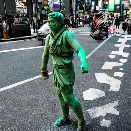 Prompt: everyone on the streets of japan suddenly turned into stone statues, the situation was eerie and silent dr. stone film footage, with green light effect from above