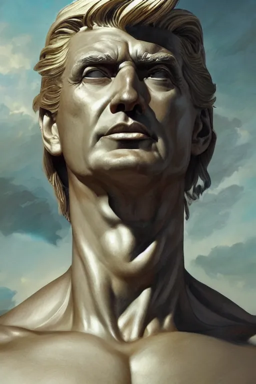 Image similar to President Donald J Trump as a Greek god, detailed face, gorgeous, amazing, muscular, fit, very muscular male body, Caesar victorious, proud Emperor , intricate, highly detailed, digital painting, artstation, concept art, sharp focus, illustration, art by greg rutkowski beeple and alphonse mucha