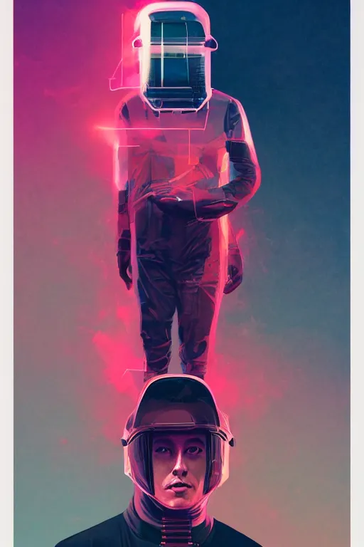 Prompt: full body elon musk, blade runner 2 0 4 9, scorched earth, cassette futurism, modular synthesizer helmet, the grand budapest hotel, glow, digital art, artstation, pop art, by hsiao - ron cheng