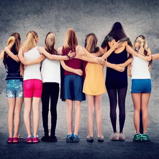 Image similar to 5 girls standing next to 5 boys and the girls are way stronger than the boys, realistic, picture