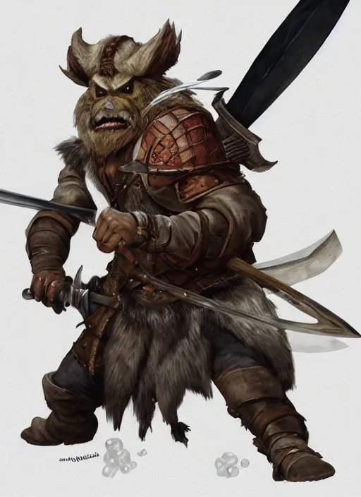 Image similar to photorealistic bugbear ranger holding sword on fire, magic, black beard, dungeons and dragons, pathfinder, roleplaying game art, hunters gear, jeweled ornate leather and steel armour, concept art, character design on white background, by sargent, norman rockwell, makoto shinkai, kim jung giu, artstation trending, poster art, colours red