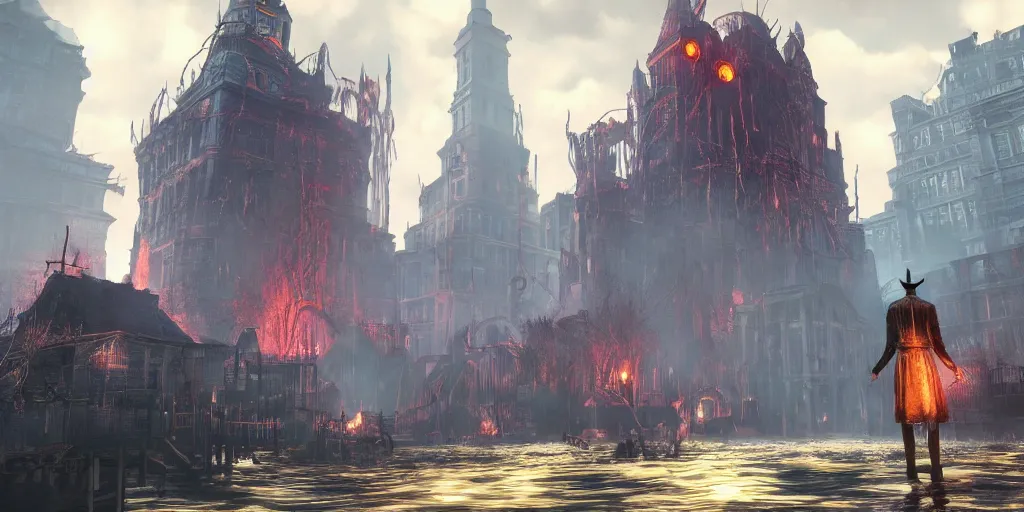 Image similar to bioshock infinite mixed with bloodborne, floating city, brightly colored, terrifying