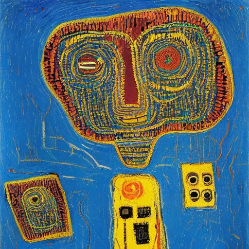 Image similar to artificial intelligence , Robots, nature, humane, painting by van Gogh klimt Jean-Michel Basquiat