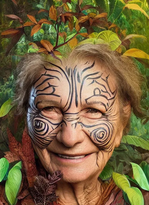 Prompt: a beautiful portrait of a smiling old woman in the jungle surrounded by leaves, tribal face paintings, matte painting, fantasy art