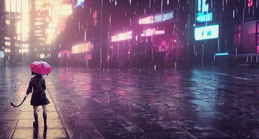 Image similar to a girl holding a umbrella in a rainy cyberpunk city, unreal engine, volumetric lighting, 4k