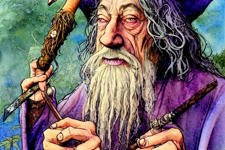 Image similar to a realistic and atmospheric watercolour fantasy character concept art portrait of gandalf with pink eyes lying on his back looking happy and confused and smoking weed out of his pipe with a pot leaf nearby, by rebecca guay, michael kaluta, charles vess and jean moebius giraud