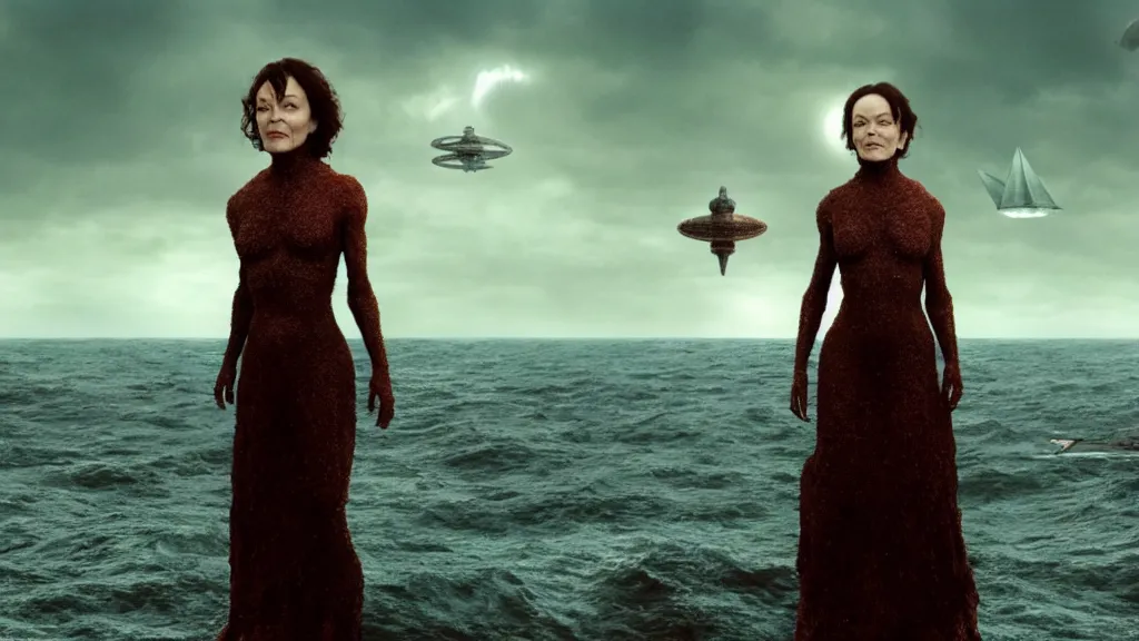 Prompt: photo of Helen McCrory coming out of the ocean, extreme detailed face, spaceship flying on the background, film still from the movie directed by Denis Villeneuve with art direction by Zdzisław Beksiński, wide lens