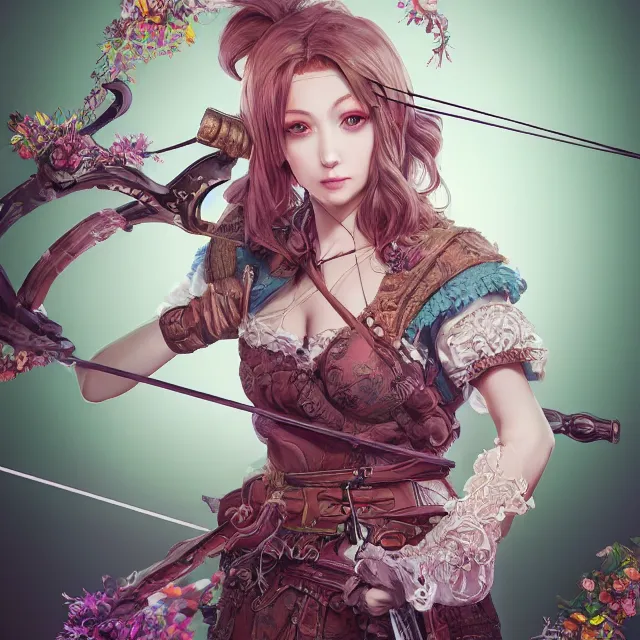 Image similar to the portrait of lawful neutral semi - colorful female archer socialite as absurdly beautiful, gorgeous, elegant, young gravure idol, an ultrafine hyperdetailed illustration by kim jung gi, irakli nadar, intricate linework, bright colors, octopath traveler, final fantasy, unreal engine 5 highly rendered, global illumination, radiant light, detailed and intricate environment