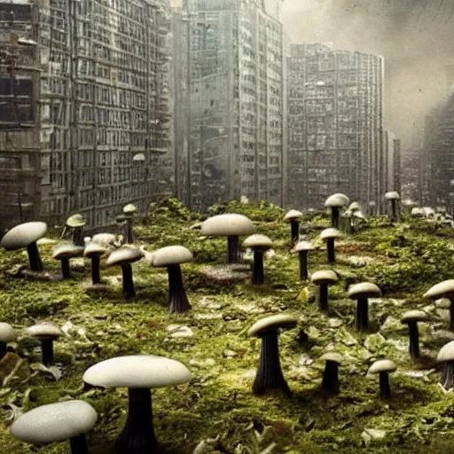 Prompt: beautiful dystopian deserted overgrown city mushroom people surviving