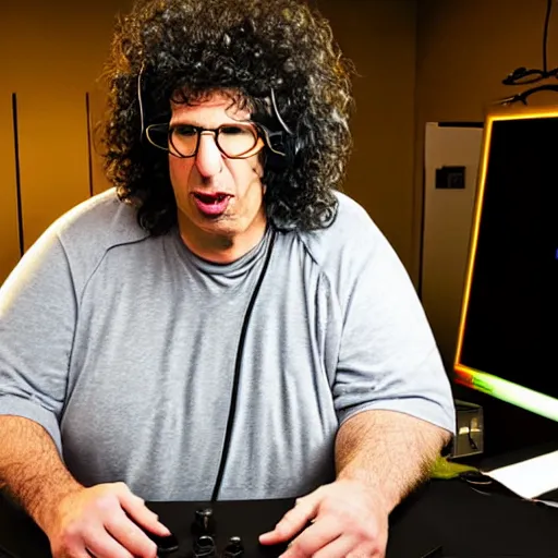 Image similar to obese Howard Stern wearing a headset yelling at his monitor while playing WoW highly detailed wide angle lens 10:9 aspect ration award winning photography by David Lynch esoteric erasure head