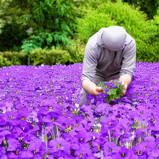 Prompt: purple panther picking petunias, award-winning photography