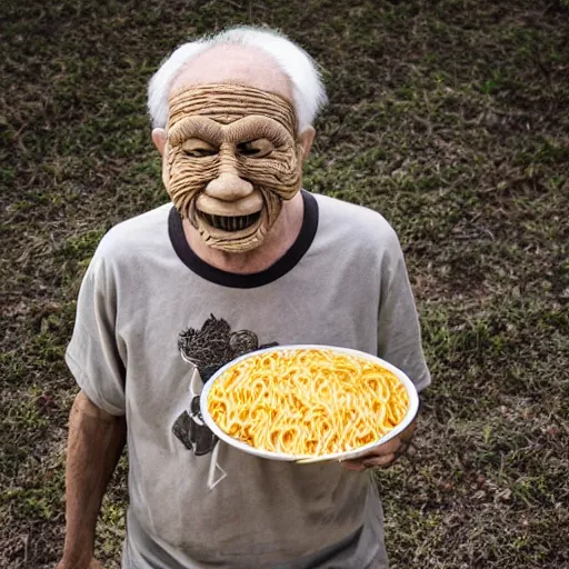 Image similar to an elderly man wearing a mask made from ramen noodles, bold natural colors, national geographic photography, masterpiece, 8 k, raw, unedited, symmetrical balance