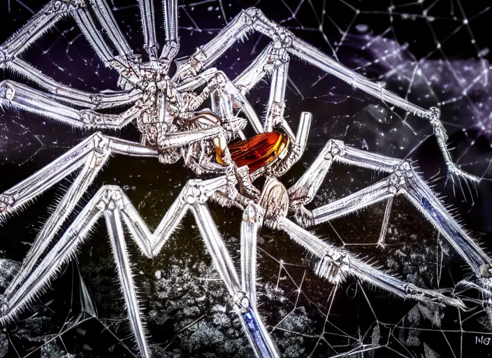 Image similar to photo of a crystal of a crystal mechanical spider in the forest. Fantasy magic style. Highly detailed 8k. Intricate. Nikon d850 55mm. Award winning photography.