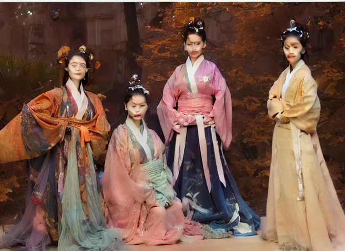 Prompt: detailed group portrait of blackpink wearing hanfu, natural light, painting by gaston bussiere, craig mullins, j. c. leyendecker