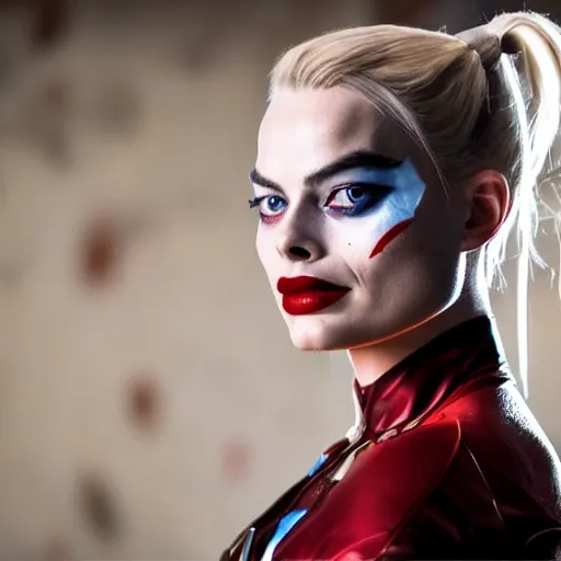 Image similar to Margot Robbie as real-life Harley Quinn, cinematic, Wide-shot, atmospheric lighting, directed by Quentin Tarantino, extreme detail, 8K, movie still