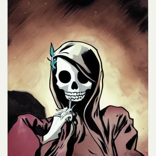 Prompt: a portrait of a girl skull face, alec soth and mike mignola, colors and hard shadows and strong rim light, plain background, comic cover art, trending on artstation