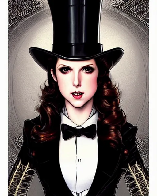 Prompt: beautiful Anna Kendrick Zatanna DC Comics floating on stage, wearing a top hat, symmetrical face symmetrical eyes, smiling, fantasy, intricate details, atmospheric, elegant, concept art, art by artgerm koyoharu gotouge, Norman Rockwell