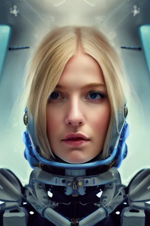 Prompt: portrait futuristic beautiful northern europe Airforce armored pilot Girl, long blonde hair, blue eyes, at inside of future fighter aircraft, ssci-fi, fantasy, intricate, very very beautiful, elegant, human anatomy, neon light, highly detailed, digital painting, artstation, concept art, soft light, smooth, sharp focus, illustration, art by tian zi and WLOP and alphonse mucha