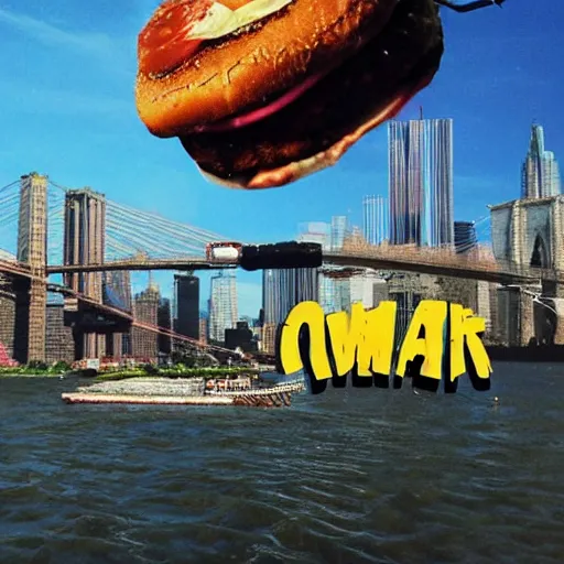 Image similar to giant delicious burger and fries splashes into New York city river, mind-bending digital art, macro photography 25mm, hollywood movie cinematic helicopter view