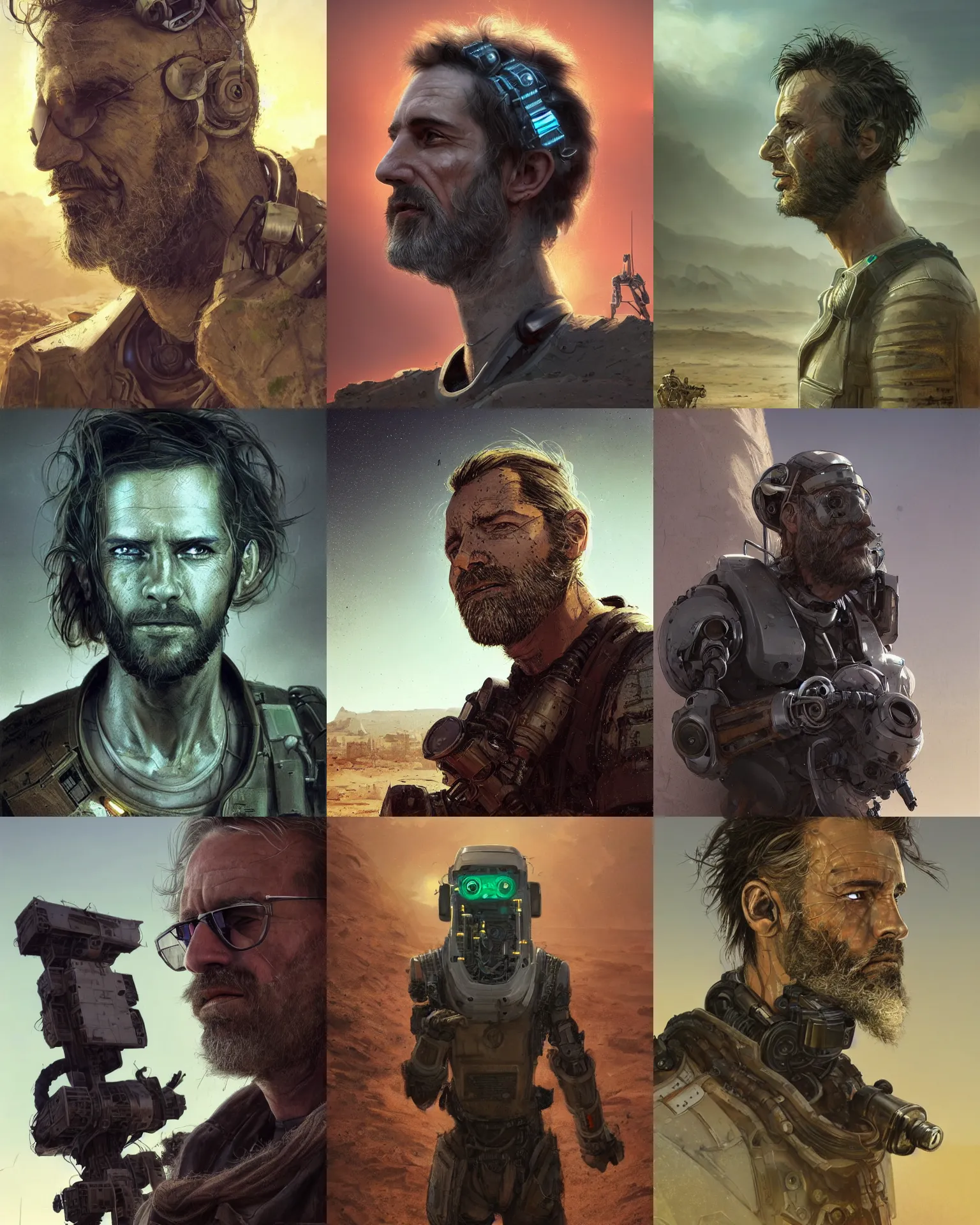 Prompt: a scruffy middle aged engineer man with cybernetic enhancements lost in the desert, funky mid length hair, scifi character portrait by greg rutkowski, esuthio, craig mullins, short beard, green eyes, 1 / 4 headshot, cinematic lighting, dystopian scifi gear, gloomy, profile picture, mechanical, half robot, implants, dieselpunk