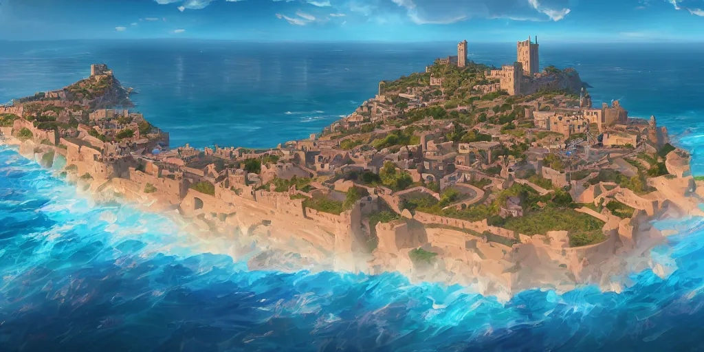 Image similar to Panoramic view of the Castle of Peñiscola and surrounding beaches, mattepainting concept Blizzard pixar maya engine on stylized background splash comics global illumination lighting artstation lois van baarle, ilya kuvshinov, rossdraws