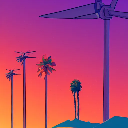 Image similar to a beautiful illustration of palm springs by James gilleard, wind turbines, palm trees, mountains, artstation HD, geometric lines, HD, 4k, 8k