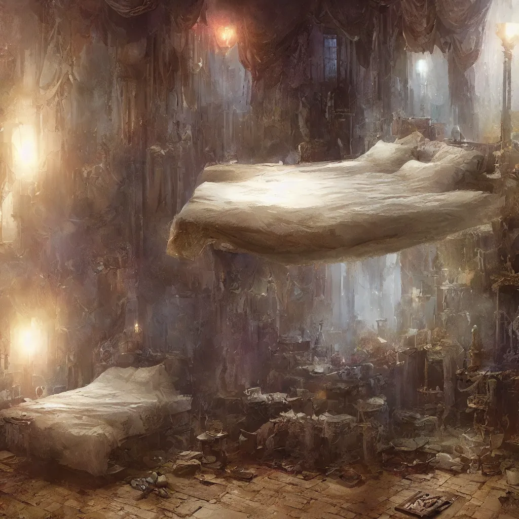 Image similar to a bed on stand in a magical area, by greg rutkowski