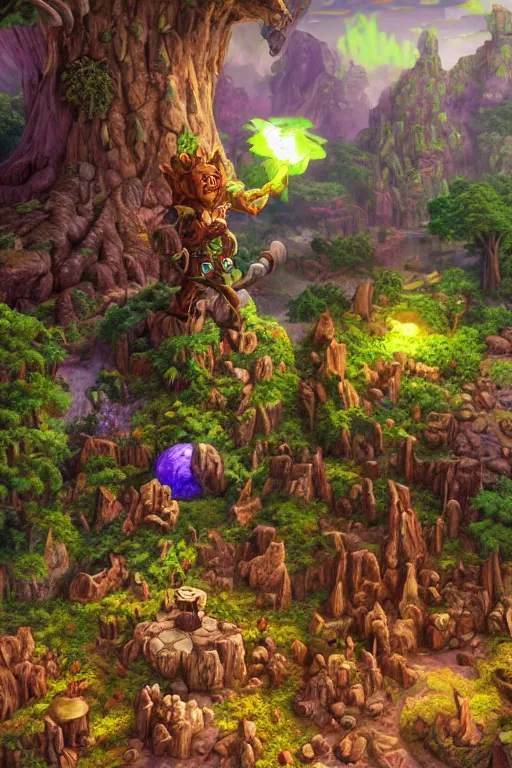 Image similar to zelda fantasy art giant golem troll wood rock greeble gemstone enchanted forest, global illumination ray tracing hdr fanart arstation by sung choi and eric pfeiffer and gabriel garza and casper konefal bastion forged hardmesh lisa frank zbrush central radiating a glowing aura global illumination ray tracing hdr