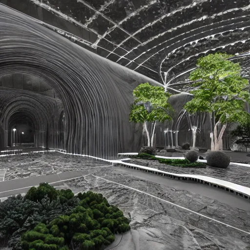 Prompt: technological cathedral dedicated to stable diffusion made of dark grey marble covered with mirror and colourful vegetation with veining and highly detailed ornaments extruding the complex surface, photorealistic, cinematic lighting, mockumentary, volumetric lights quality environment, next gen rendering, nvidia, redshift, houdini