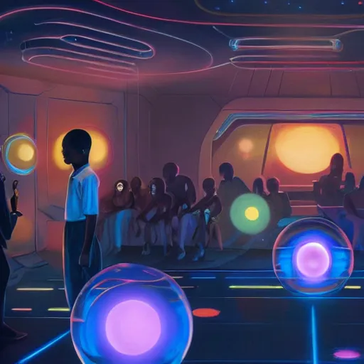 Prompt: black boys and black girls watched a hologram and glowing orbs in a futuristic classroom by greg rutkowski and thomas kinkade, Trending on artstation. oil on canvas, vibrant colors, 8k