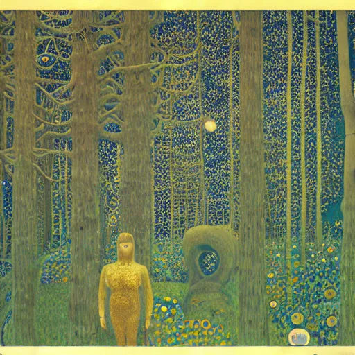 Prompt: a dark foggy golden blue forest, eerie, pulsating , Ernst Haeckel, Klimt, Henri Rousseau, film still by wes anderson