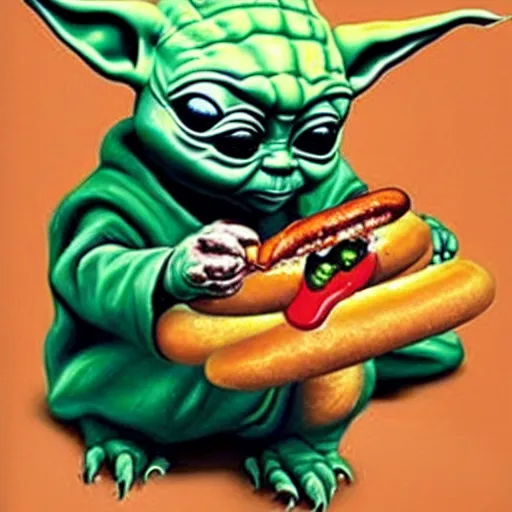 Image similar to hyper realistic baby Yoda eating hot-dog,detalied,