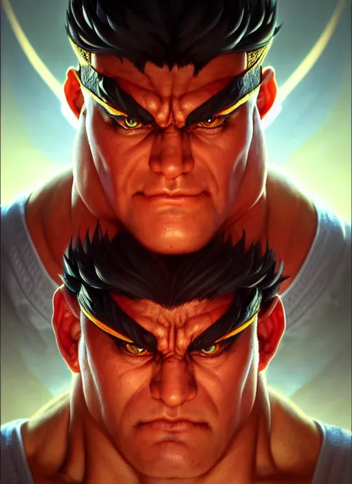 Image similar to symmetry!! portrait of evil ryu, street fighter iv, global illumination!! intricate, elegant, highly detailed, digital painting, artstation, concept art, smooth, sharp focus, illustration, art by artgerm and greg rutkowski and alphonse mucha