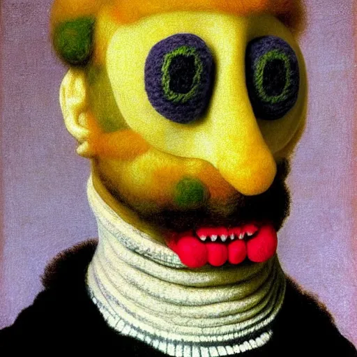 Prompt: portrait photo of a wool sock with giant eyes, face made from pixels and voxels, extremely high details, realistic, by Giuseppe Arcimboldo, Edward Hopper, Rene Margitte