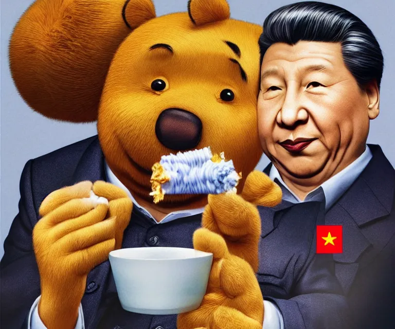 Image similar to hyperrealism movie still photography of real detailed high xi jinping with detailed face smoking detailed weed in detailed basement bedroom with high winnie the pooh hyperrealism photography by araki nobuyoshi