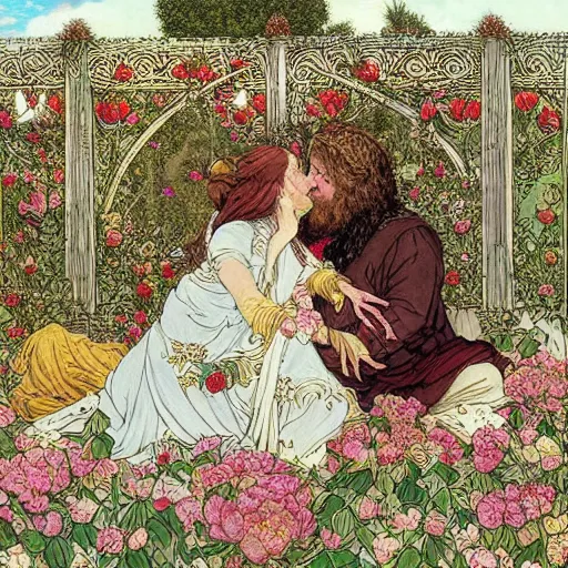 Prompt: a white skinned red bearded viking and a beautiful brown skinned indian princess kiss in a field of peonies, masterpiece, highly detailed, art by rebecca guay