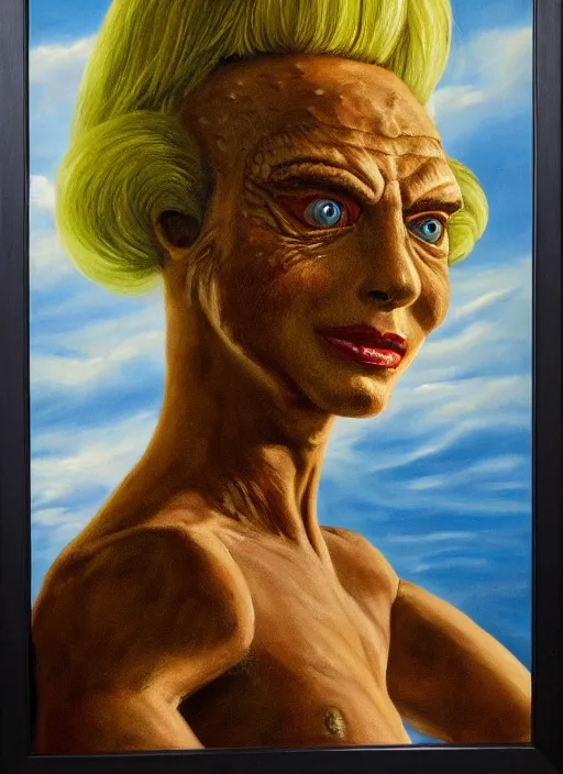 Image similar to oil painting portrait of a lizard person, a gorn from star trek, wearing a blonde wig in a movie poster for gone with the wind