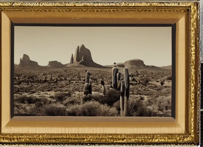 Prompt: Distant view of a huge cathedral mesa with cactus in the foreground, albumen silver print by Timothy H. O'Sullivan.