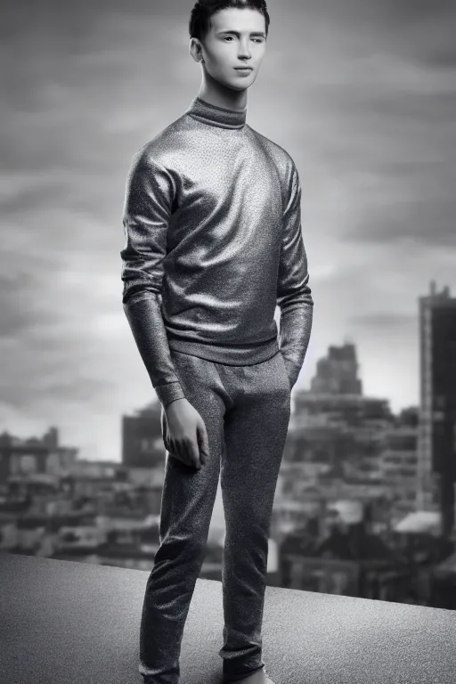 Image similar to un ultra high definition studio quality photographic art portrait of a young man standing on the rooftop of a british apartment building wearing soft padded silver pearlescent clothing. three point light. extremely detailed. golden ratio, ray tracing, volumetric light, shallow depth of field. set dressed.