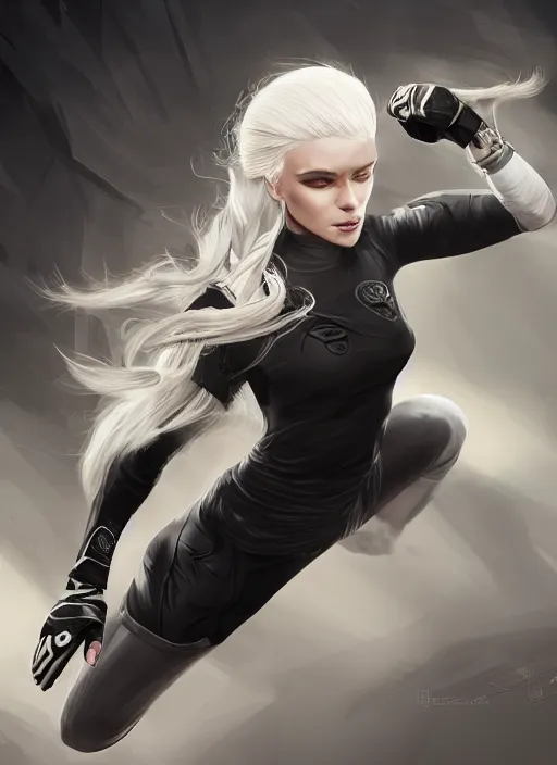 Image similar to a highly detailed illustration of fierce ponytail platinum blonde woman wearing black mma gear and gloves, dramatic powerful kicking pose, fairly muscular, athletic, intricate, elegant, highly detailed, centered, digital painting, artstation, concept art, smooth, sharp focus, league of legends concept art, WLOP