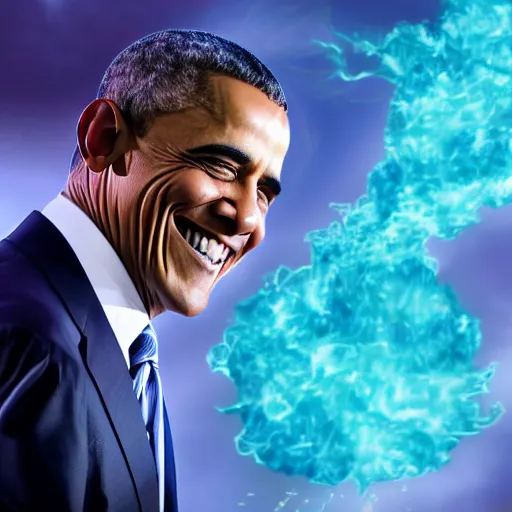 Image similar to Obama is buffed has a blue realistic VFX fire engulfing his hand, Obama is smiling and running towards the viewer, 40nm lens, 4k,