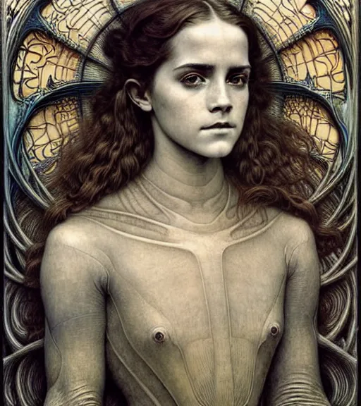 Image similar to detailed realistic beautiful young medieval alien robot emma watson face portrait by jean delville, gustave dore and marco mazzoni, art nouveau, symbolist, visionary, gothic, pre - raphaelite. horizontal symmetry by zdzisław beksinski, iris van herpen, raymond swanland and alphonse mucha. highly detailed, hyper - real, beautiful, fractal baroque