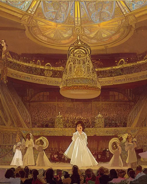 Prompt: painting alphonse mucha, interior of the opera house, view from the hall with a singer in a white dress on a lighted stage with an orchestra and audience in the hall, soft cinematic lighting, pastel color palette