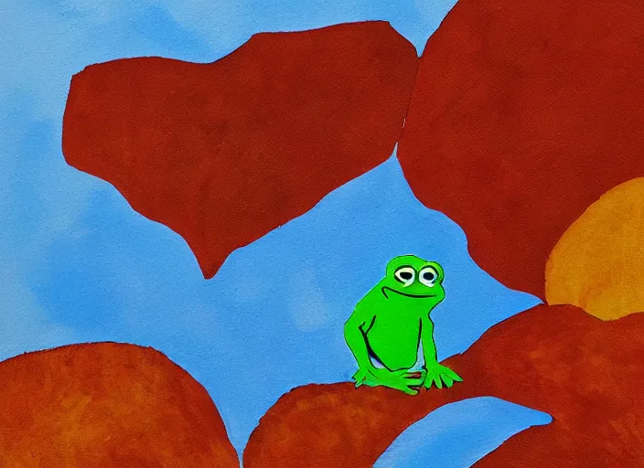 Prompt: portrait of pepe tge frog hiking franconia ridge new hampshire in autumn, artwork by etel adnan