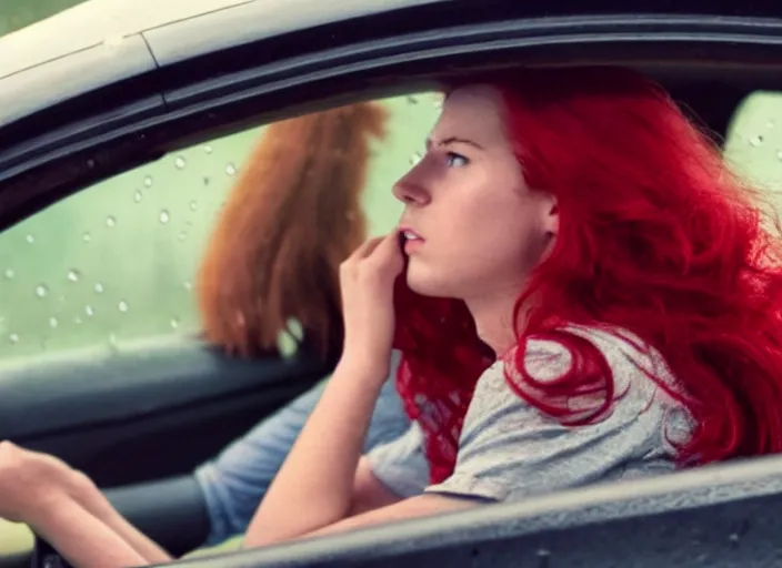 Image similar to A very high resolution image from a new movie, inside of a car, teen red hair woman, raining, hot, directed by wes anderson