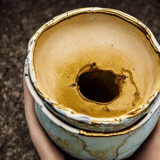 Image similar to photo of a cracked ceramic cup repaired with gold, kintsugi, beautiful, cinematic, high detail,