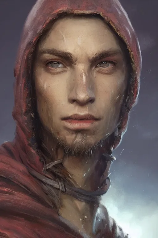 Prompt: dungeons and dragons young hooded warrior character closeup portrait, dramatic light, lake background, 2 0 0 mm focal length, painted by stanley lau, painted by greg rutkowski, painted by stanley artgerm, digital art, trending on artstation