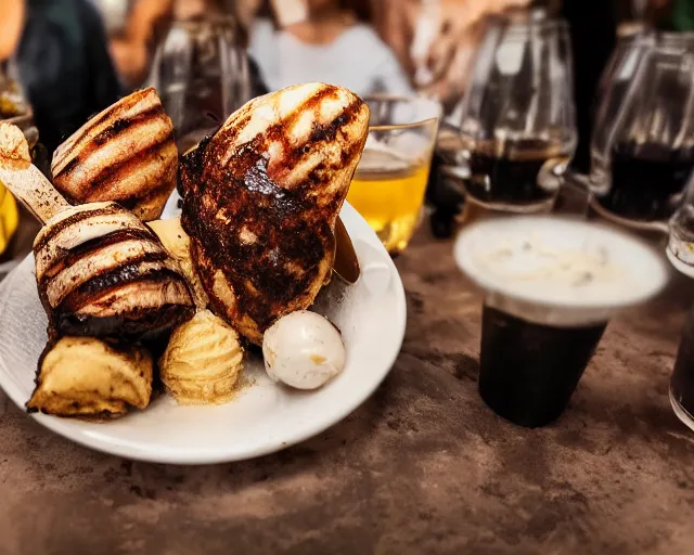 Prompt: 8 5 mm food photography of a plate full of grilled ice cream at restaurant with dof and bokeh and wine glasses o